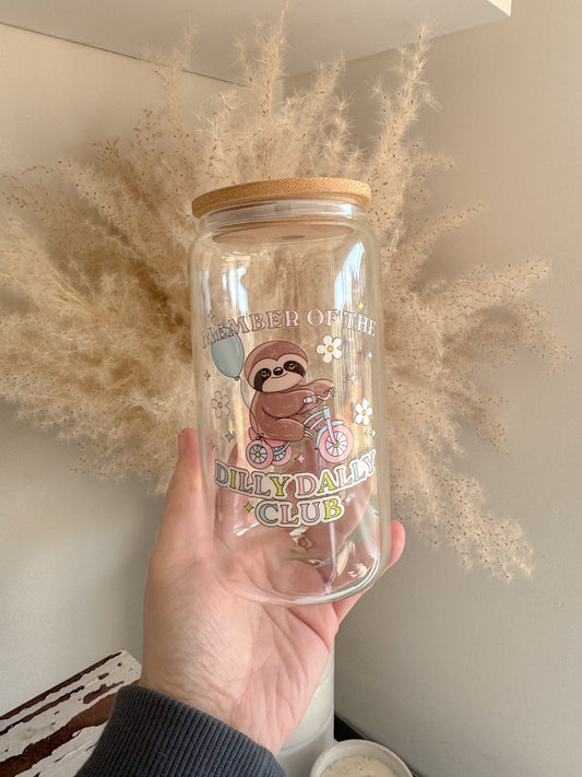 Member Of The Dilly Dally Club Sloth 16oz Glass Can
