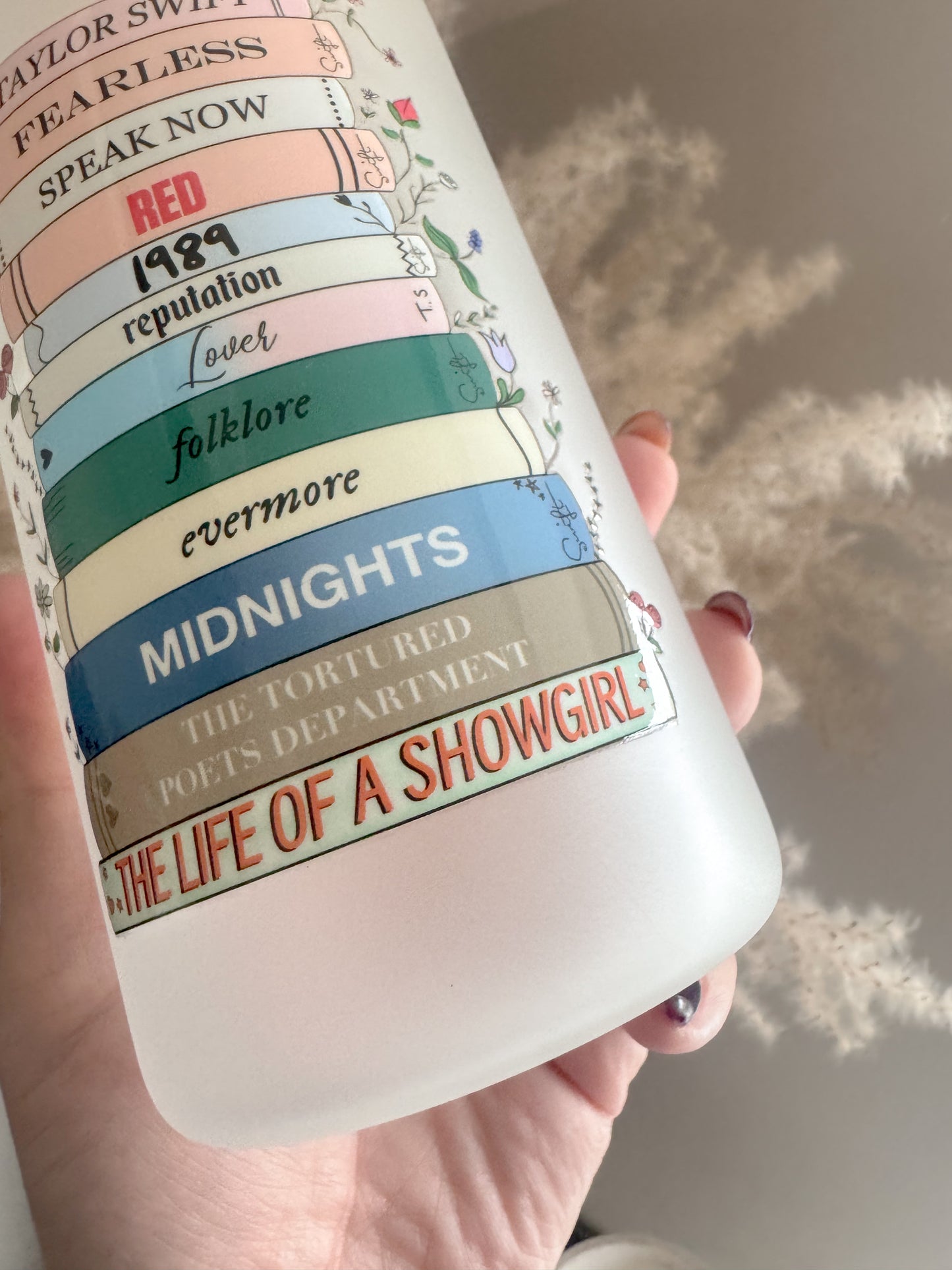 Showgirl and Eras Tour Book Stack Swiftie Inspired 16oz Glass Can with Bamboo Lid and Straw