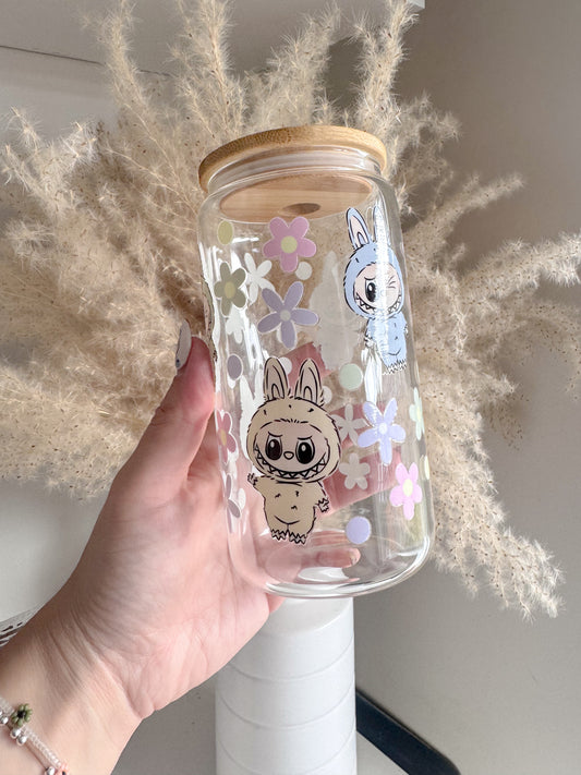 Labubu Inspired 16oz Glass Can - Labubu and Flowers