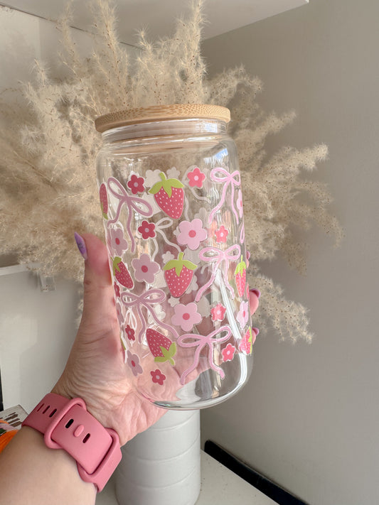 Cute Strawberries and Bows Coquette Inspired Glass Can With Bamboo Lid