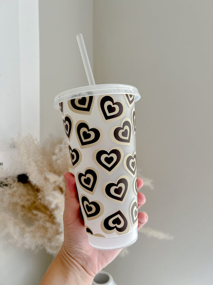 Retro Hearts 24oz Cold Cup with Reusable Lid and Straw - Bear and Moo UK