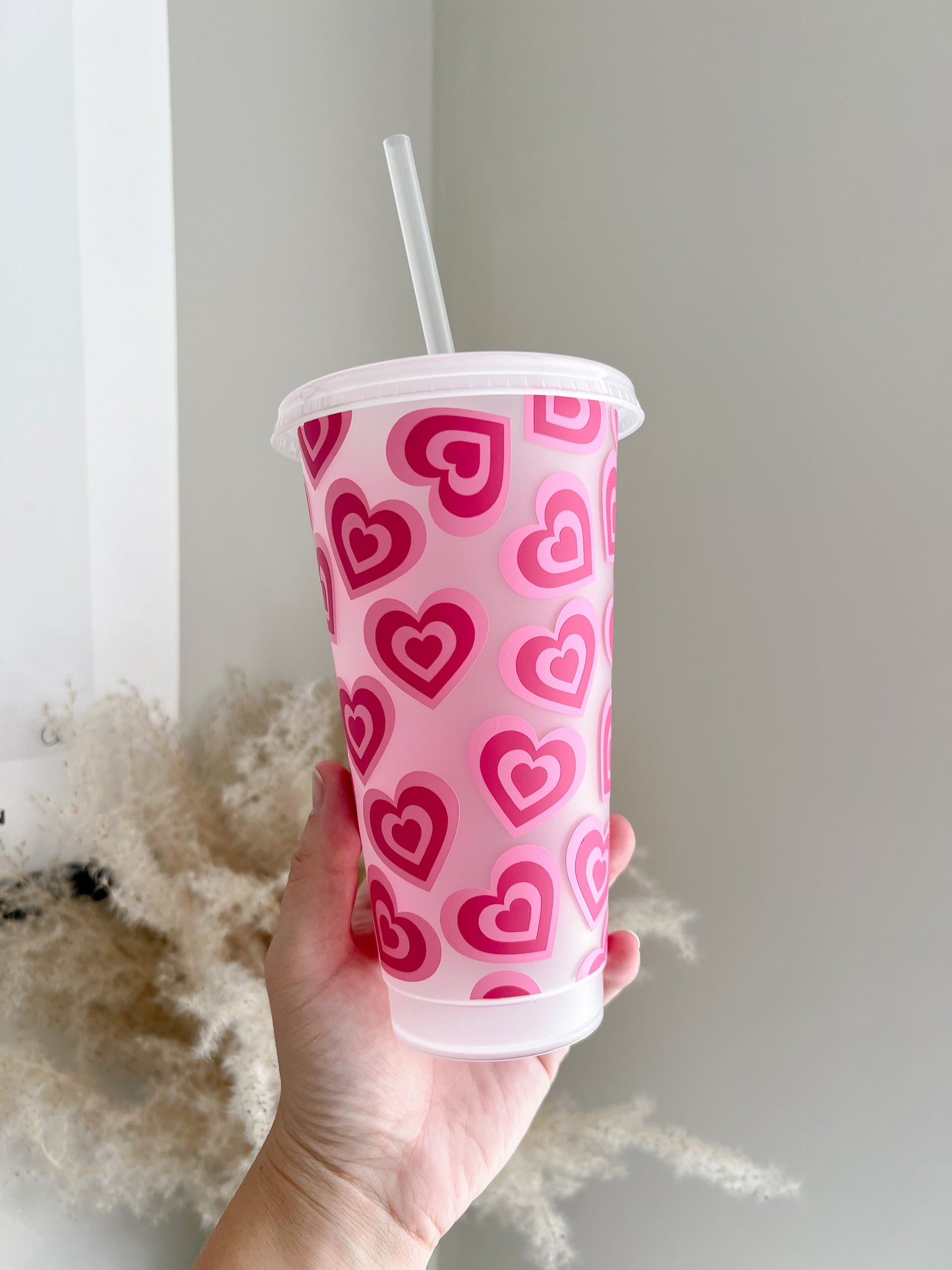 Retro Hearts 24oz Cold Cup with Reusable Lid and Straw - Bear and Moo UK