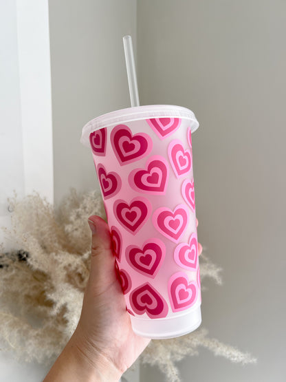 Retro Hearts 24oz Cold Cup with Reusable Lid and Straw - Bear and Moo UK