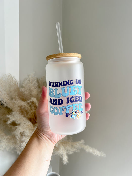 Running On Bluey and Iced Coffee 16oz Glass Can With Bamboo Lid - Bear and Moo UK