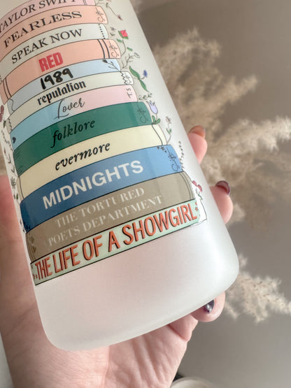 Showgirl and Eras Tour Book Stack Swiftie Inspired 16oz Glass Can with Bamboo Lid and Straw