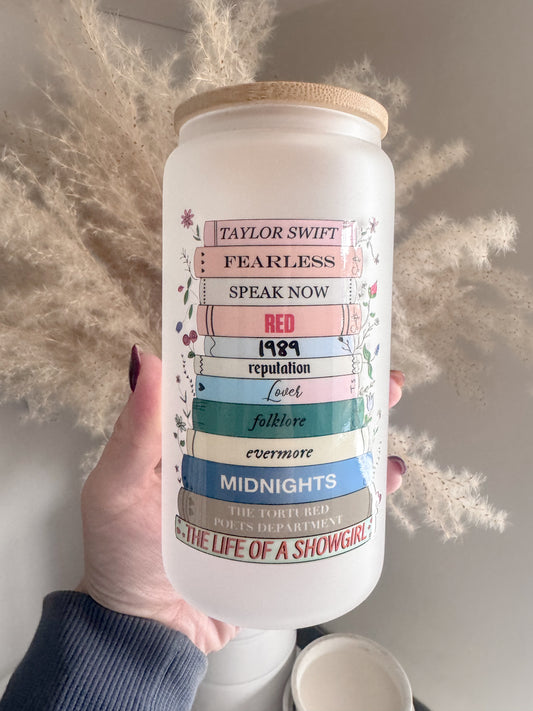 Showgirl and Eras Tour Book Stack Swiftie Inspired 16oz Glass Can with Bamboo Lid and Straw