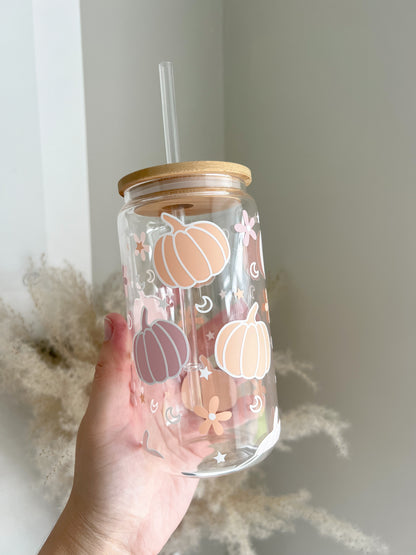 Autumnal Halloween Pumpkin 16oz Glass Can with Bamboo Lid and Straw - Pastel Pumpkin - Bear and Moo UK