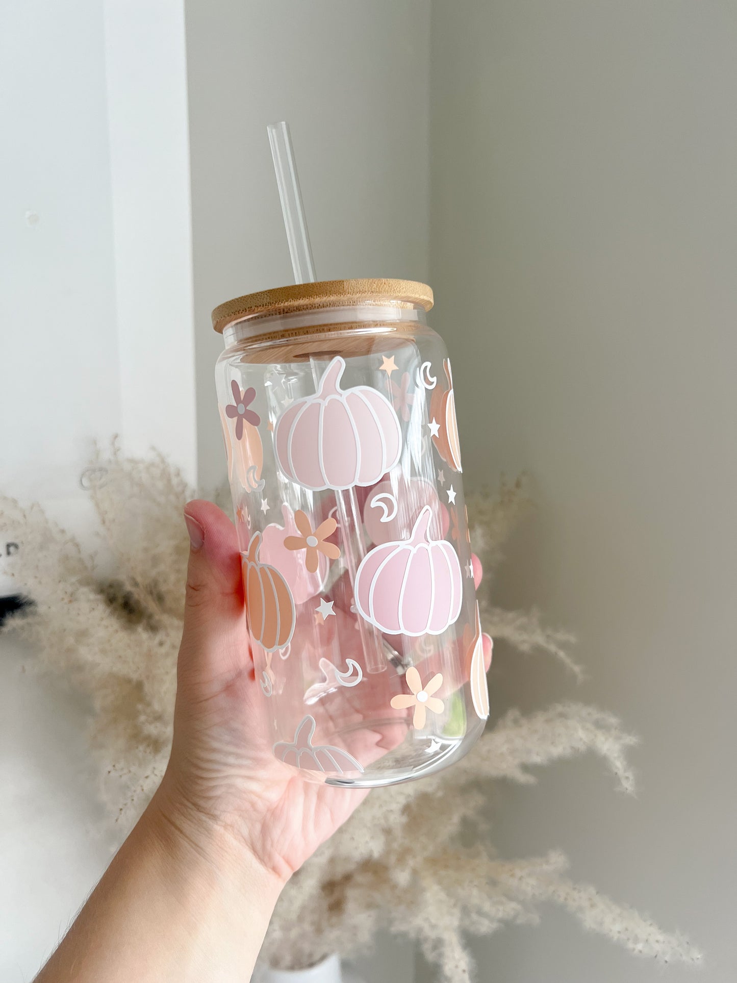 Autumnal Halloween Pumpkin 16oz Glass Can with Bamboo Lid and Straw - Pastel Pumpkin - Bear and Moo UK