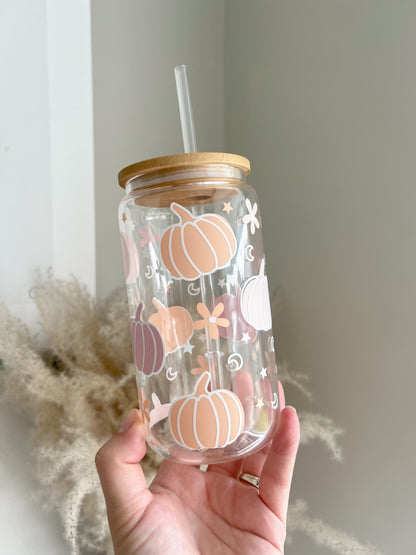 Autumnal Halloween Pumpkin 16oz Glass Can with Bamboo Lid and Straw - Pastel Pumpkin - Bear and Moo UK