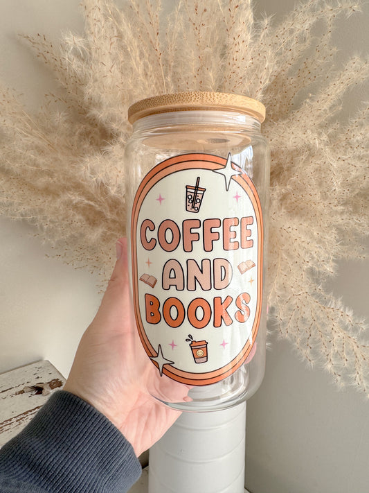 Coffee and Books 16oz Glass Can - Autumnal inspired glass