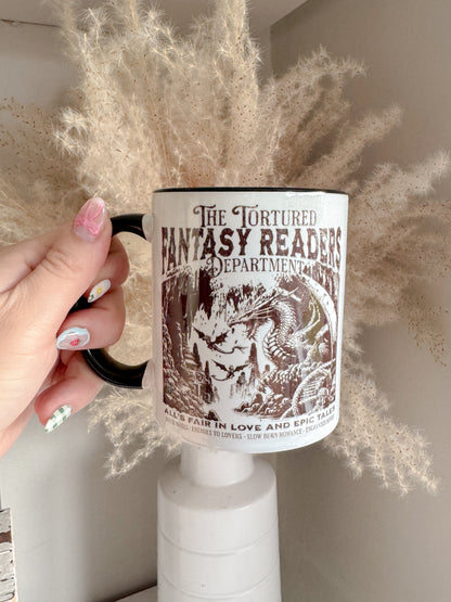 The Tortured Fantasy Readers Department 11oz Ceramic Mug for Bookish Lovers. Fourth Wing Inspired