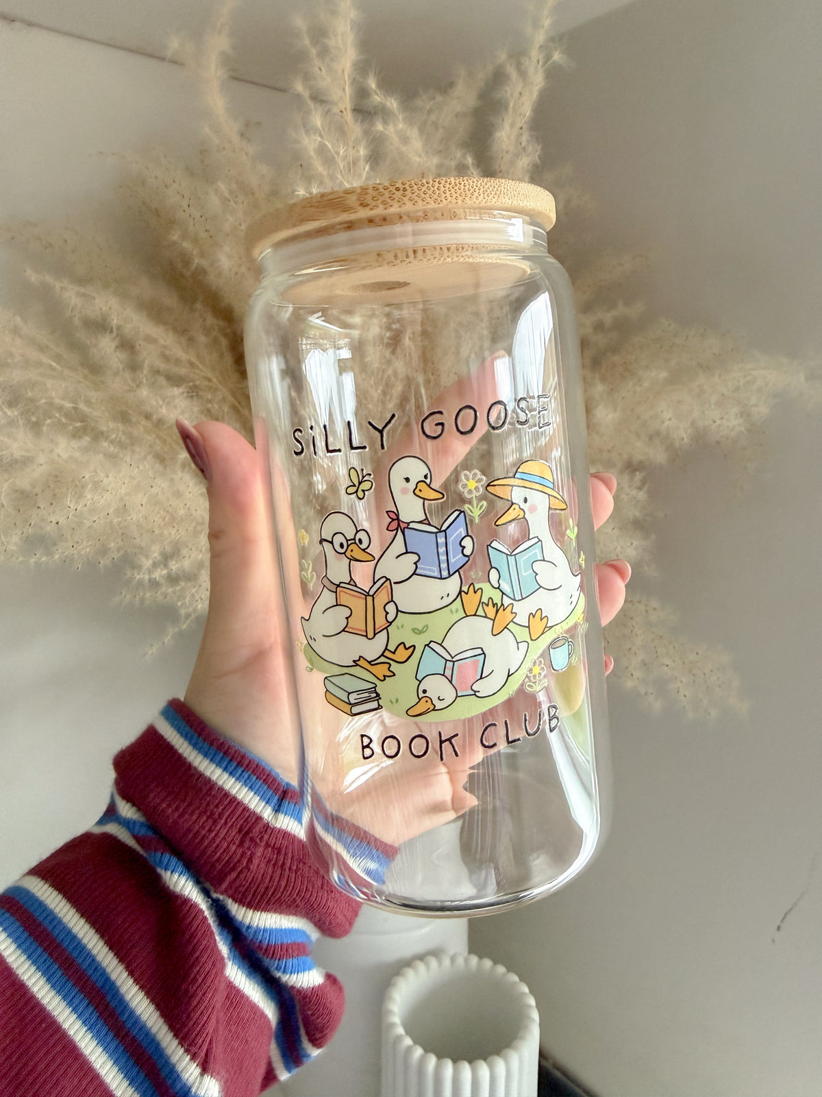 Silly Goose Book Club 16oz Glass Can with Straw ✨ - Gift Ideas for Goose Lovers