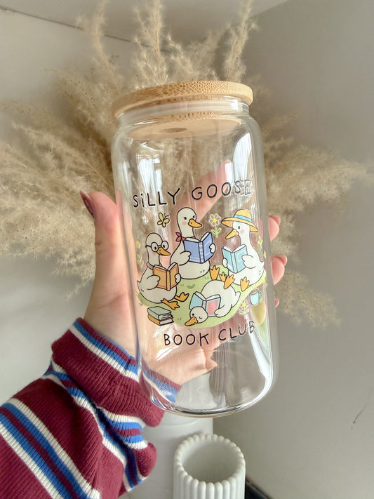 Silly Goose Book Club 16oz Glass Can with Straw ✨ - Gift Ideas for Goose Lovers
