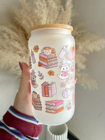 Cute Spooky Bookish Ghosts 16oz Glass Can 🧡✨ - Cute Autumnal Glass Can Gift Idea