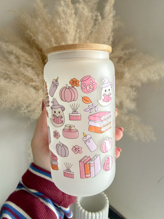 Cute Spooky Bookish Ghosts 16oz Glass Can 🧡✨ - Cute Autumnal Glass Can Gift Idea