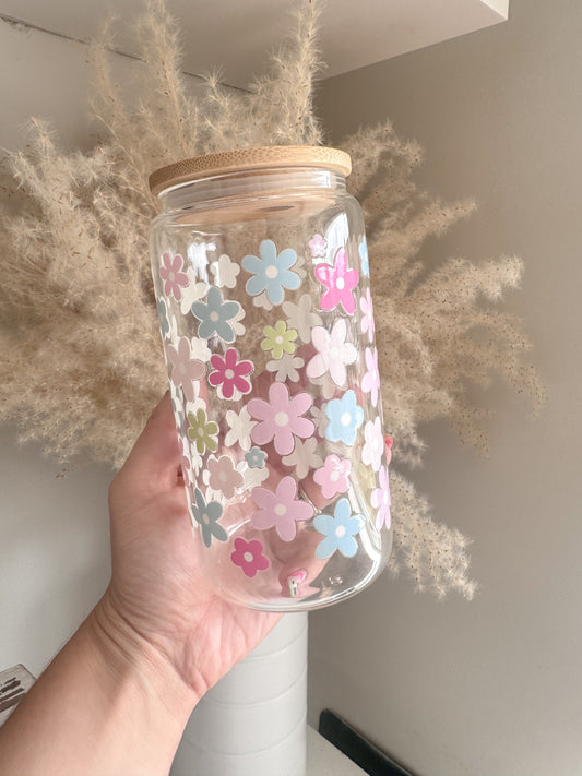 Cute Pastel Flowers 16oz Glass Can