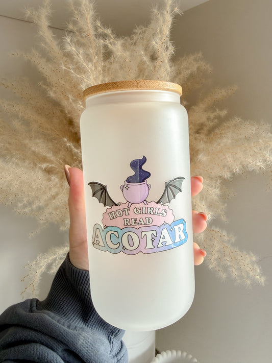 Hot Girls Read ACOTAR Inspired Glass Can With Bamboo Lid and Straw  🦇📚✨ Bookish Gift Ideas - ACOTAR Fan Gift Ideas