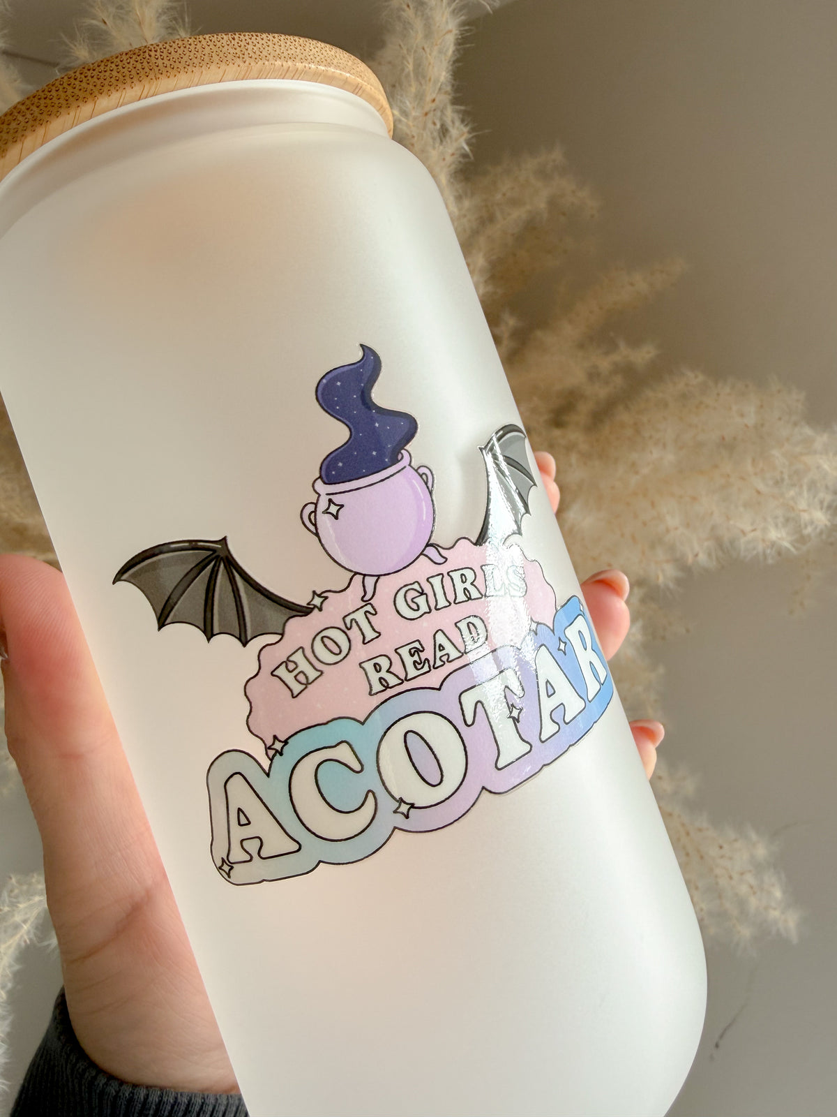 Hot Girls Read ACOTAR Inspired Glass Can With Bamboo Lid and Straw  🦇📚✨ Bookish Gift Ideas - ACOTAR Fan Gift Ideas