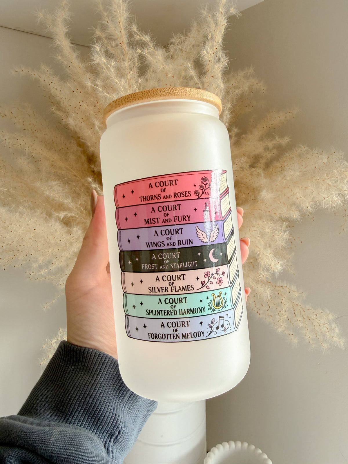ACOTAR Inspired Book Stack 16oz Glass Can with Bamboo lid and straw 📚 Bookish Gift Ideas - ACOTAR Merch - Fantasy Book Lover Gift