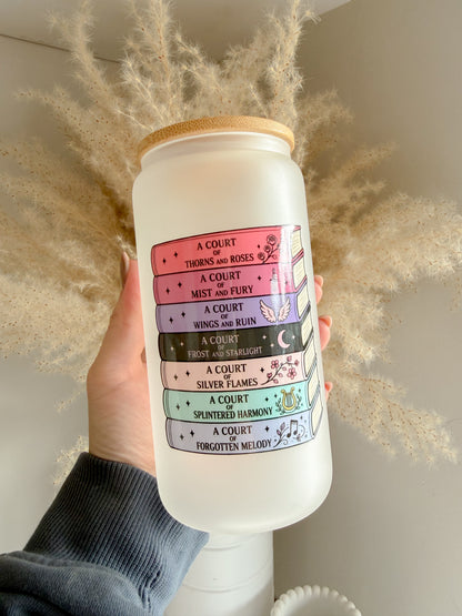 ACOTAR Inspired Book Stack 16oz Glass Can with Bamboo lid and straw 📚 Bookish Gift Ideas - ACOTAR Merch - Fantasy Book Lover Gift