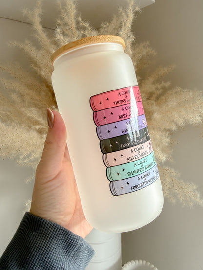 ACOTAR Inspired Book Stack 16oz Glass Can with Bamboo lid and straw 📚 Bookish Gift Ideas - ACOTAR Merch - Fantasy Book Lover Gift