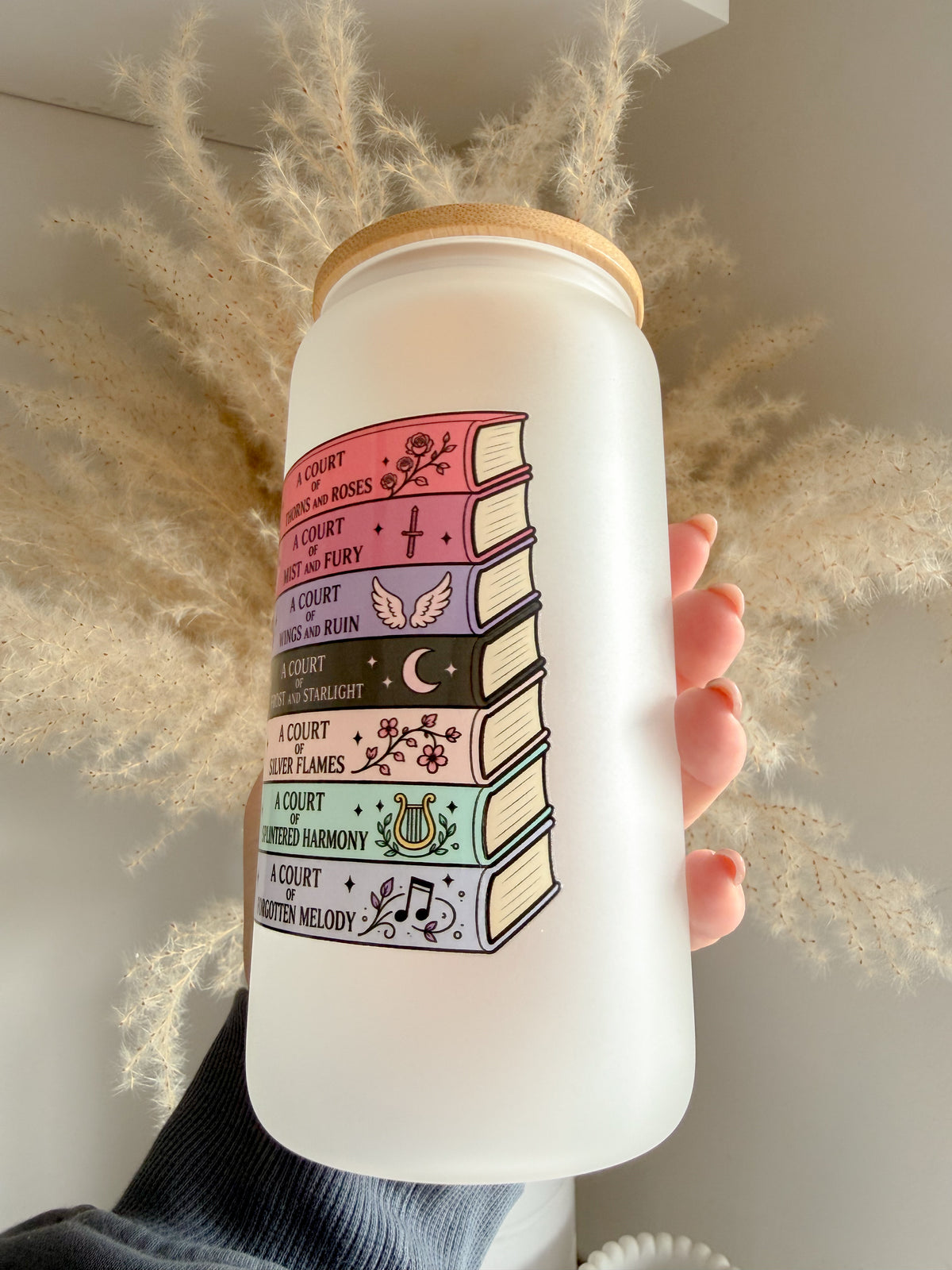 ACOTAR Inspired Book Stack 16oz Glass Can with Bamboo lid and straw 📚 Bookish Gift Ideas - ACOTAR Merch - Fantasy Book Lover Gift