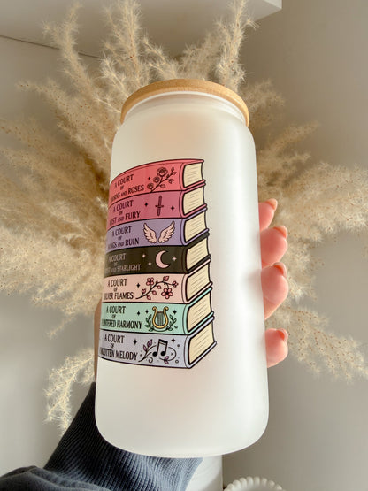 ACOTAR Inspired Book Stack 16oz Glass Can with Bamboo lid and straw 📚 Bookish Gift Ideas - ACOTAR Merch - Fantasy Book Lover Gift