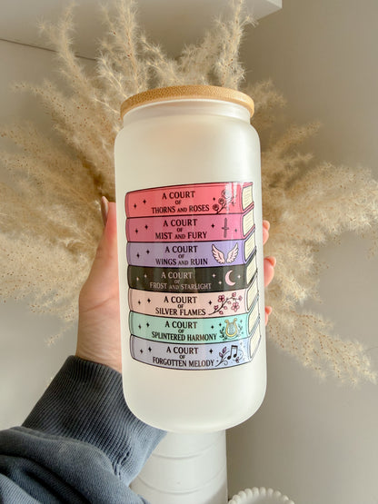 ACOTAR Inspired Book Stack 16oz Glass Can with Bamboo lid and straw 📚 Bookish Gift Ideas - ACOTAR Merch - Fantasy Book Lover Gift