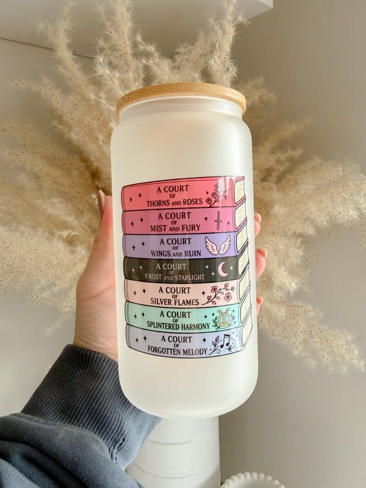 ACOTAR Inspired Book Stack 16oz Glass Can with Bamboo lid and straw 📚 Bookish Gift Ideas - ACOTAR Merch - Fantasy Book Lover Gift