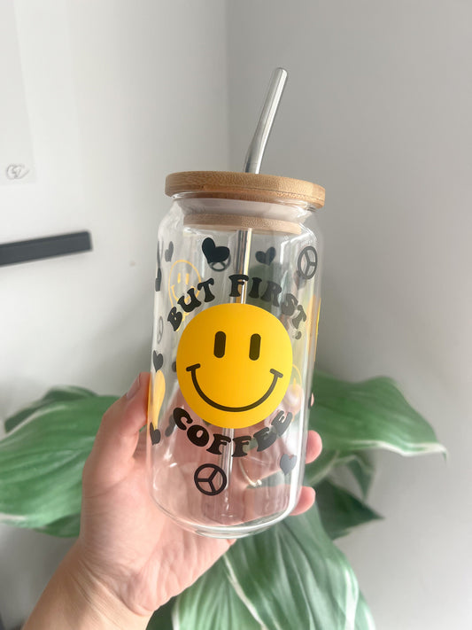Smiley Face Bamboo Lid Can Glass Drink 16oz Cup Gift -  UK