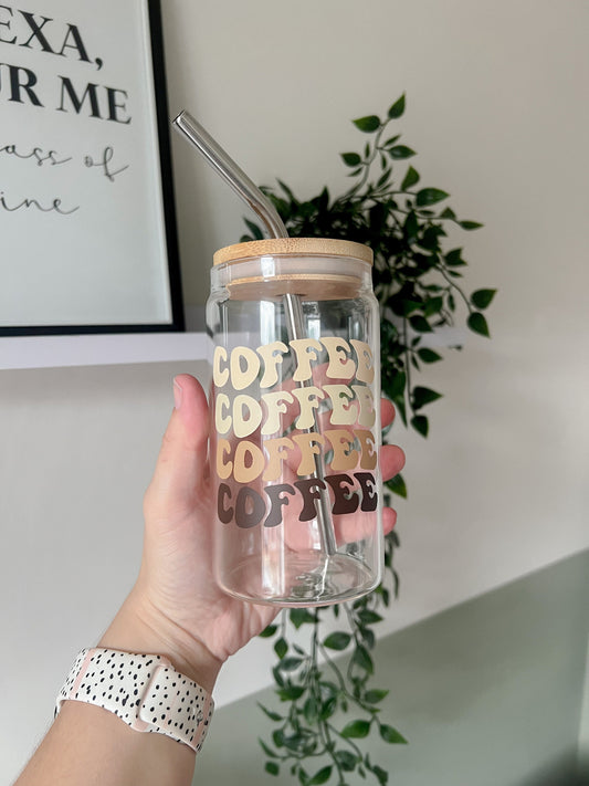 Coffee Coffee Coffee Cup - Glass With Straw - Iced Coffee Glass - Retro Style Cup - Y2K - Glass With Bamboo Lid - Hot Drinks Glass