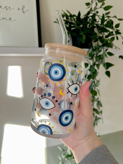 Evil Eye Glass Can - Nazar Iced Coffee Glass - All Knowing Eye Glass Can - Cute Gift Ideas - Bear and Moo UK