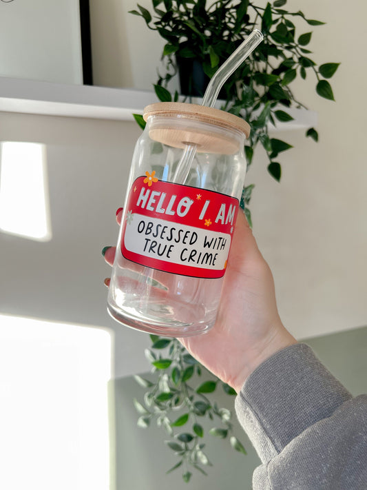 True Crime Junkie Glass - I'm Obsessed With True Crime - Glass Can - Bamboo Lid - Hot drinks - Iced Coffee Glass -Cute Gift Ideas-True Crime