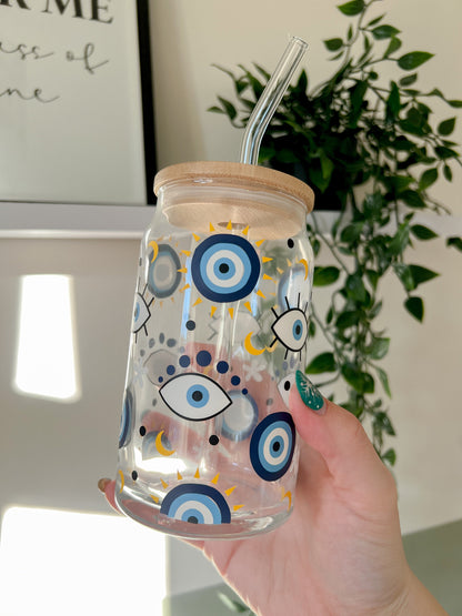 Evil Eye Glass Can - Nazar Iced Coffee Glass - All Knowing Eye Glass Can - Cute Gift Ideas - Bear and Moo UK