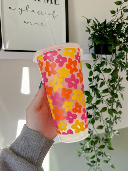 Flower Power Cold Cup - 24oz Reusable Cup And Straw Secure Lid - Cute Gift Ideas - Bear and Moo UK