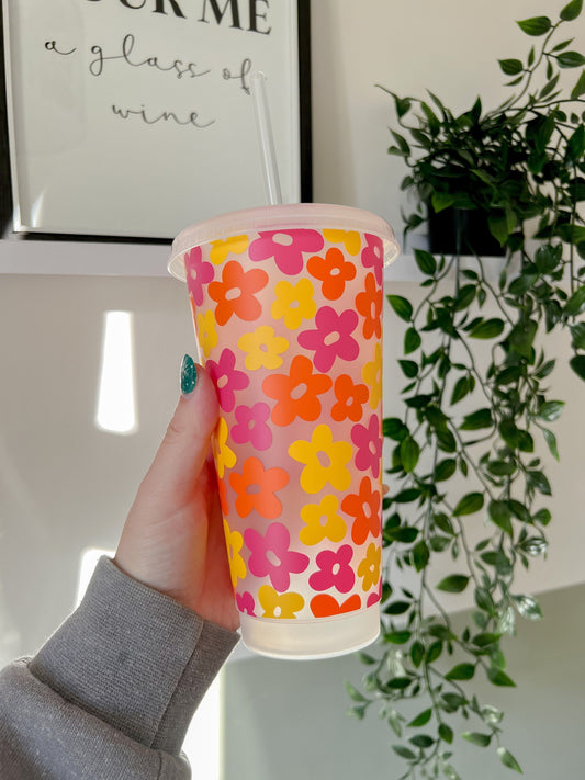 Flower Power Cold Cup - 24oz Reusable Cup And Straw Secure Lid - Cute Gift Ideas - Bear and Moo UK